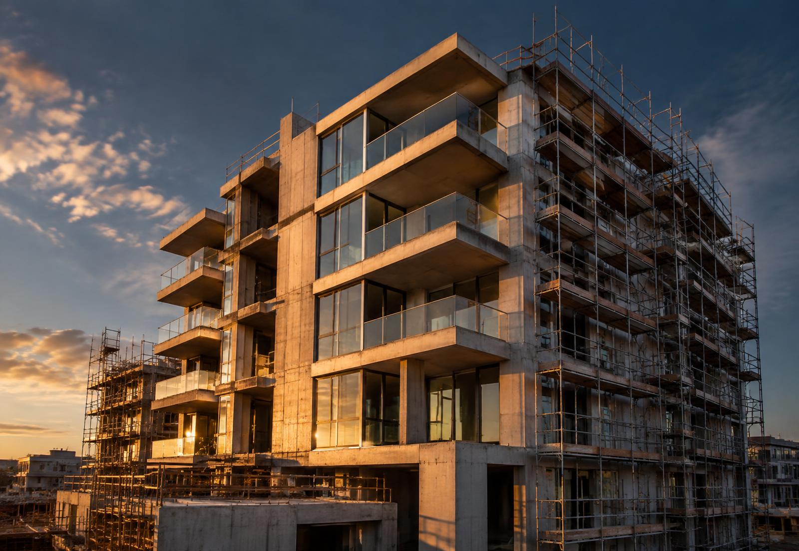 Edifício em construção ao final da tarde